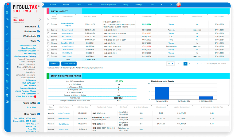 PitBullTax software interface showcasing real-time IRS data, flat illustration